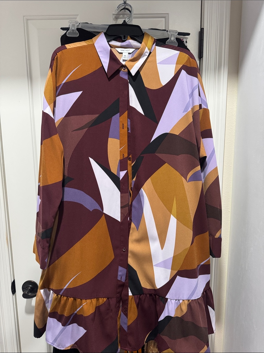 Nine West Abstract Print Shirt Dress in Burgundy, Mustard & Lavender